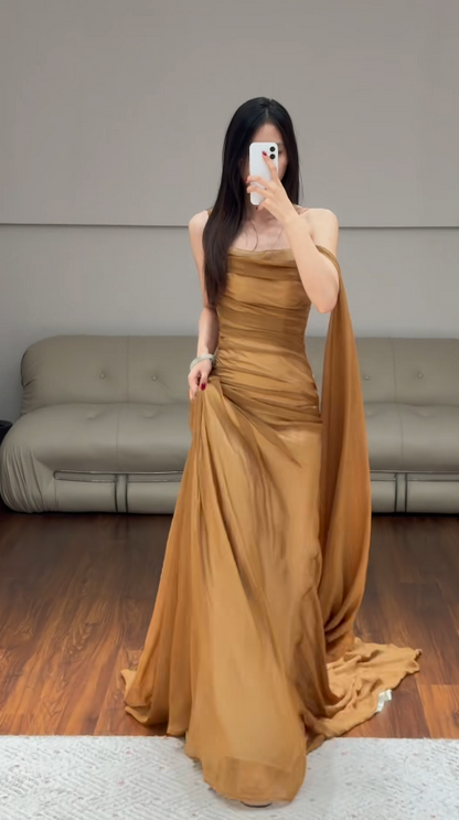 Chic Gold Wedding Guest Dress One-shouler Sheath Chiffon Long Evening Dress DP06034