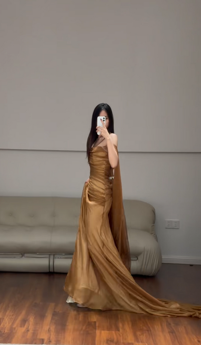Chic Gold Wedding Guest Dress One-shouler Sheath Chiffon Long Evening Dress DP06034