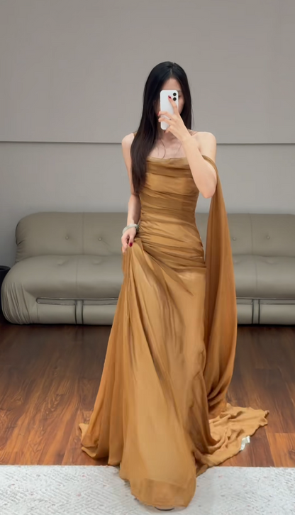 Chic Gold Wedding Guest Dress One-shouler Sheath Chiffon Long Evening Dress DP06034