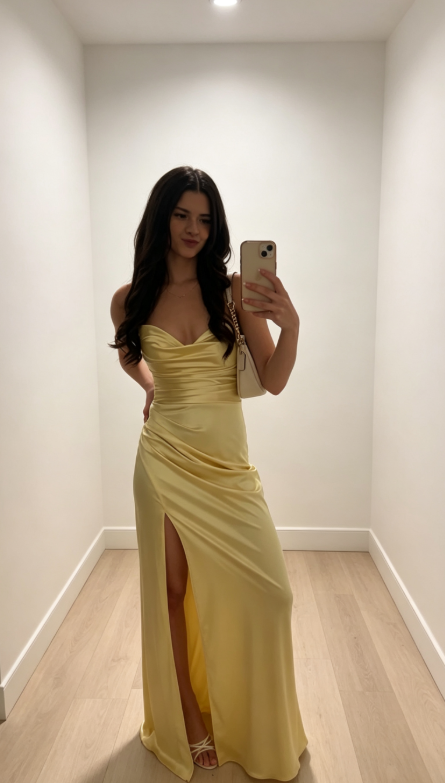 Chic Yellow Wedding Guest Dress Spaghetti Straps Sheath Satin Long Evening Dress DP06035