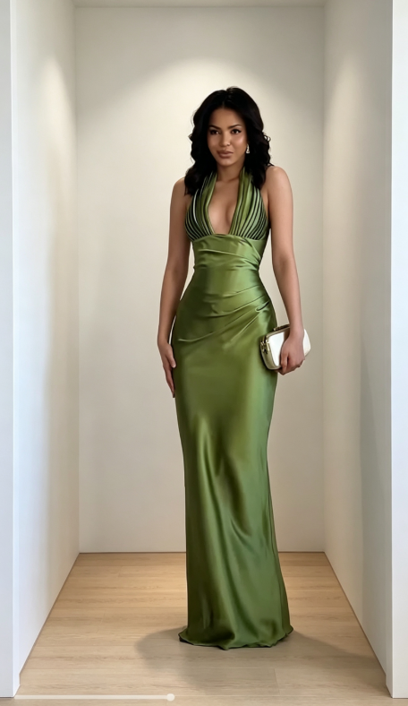 Chic Green Wedding Guest Dress Halter Sheath Satin Long Evening Dress DP06037