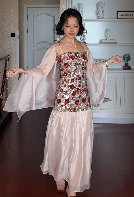 Chic Pink Straps Sheath Beaded Chiffon Long Evening Dress DP06039
