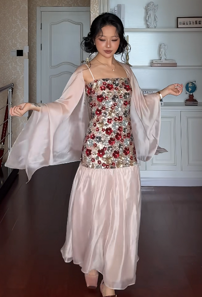 Chic Pink Straps Sheath Beaded Chiffon Long Evening Dress DP06039