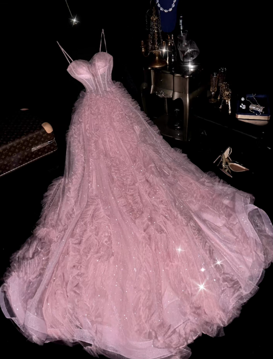 Gorgeous Pink Prom Dress Spaghetti Straps A-Line Tulle Long Evening Dress DP06041
