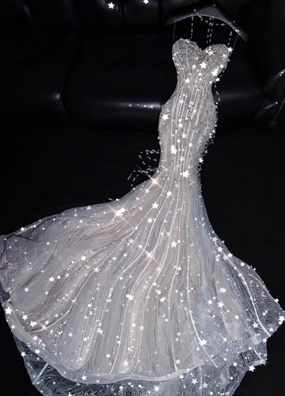 Gorgeous Silver Prom Dress Sweetheart Mermaid Tulle Long Evening Dress DP06042