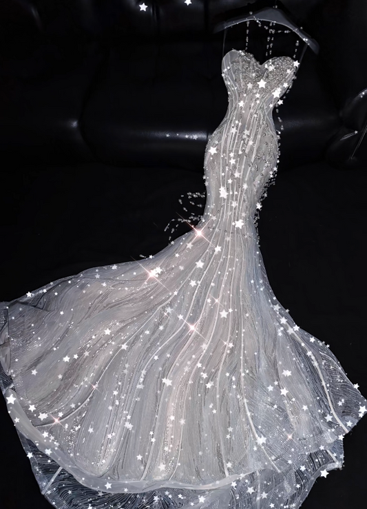 Gorgeous Silver Prom Dress Sweetheart Mermaid Tulle Long Evening Dress DP06042