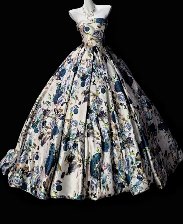 Gorgeous Floral Prom Dress Strapless A-Line Satin Long Evening Dress DP06044