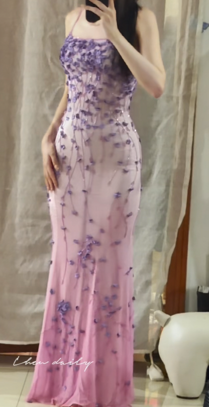 Gorgeous Pink Prom Dress Straps Sheath Chiffon Beaded Long Evening Dress DP06045