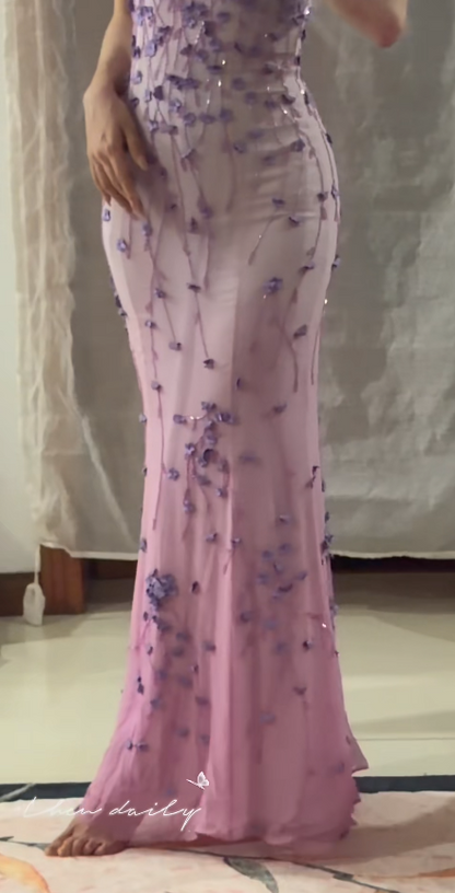 Gorgeous Pink Prom Dress Straps Sheath Chiffon Beaded Long Evening Dress DP06045