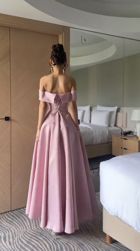 Gorgeous Pink Prom Dress Off-shoulder A-Line Satin Long Evening Dress DP06046