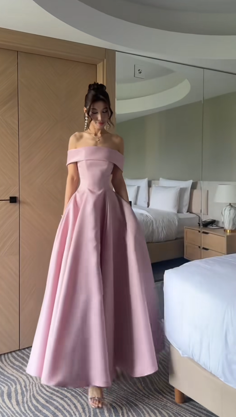 Gorgeous Pink Prom Dress Off-shoulder A-Line Satin Long Evening Dress DP06046