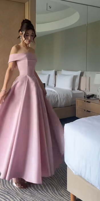 Gorgeous Pink Prom Dress Off-shoulder A-Line Satin Long Evening Dress DP06046