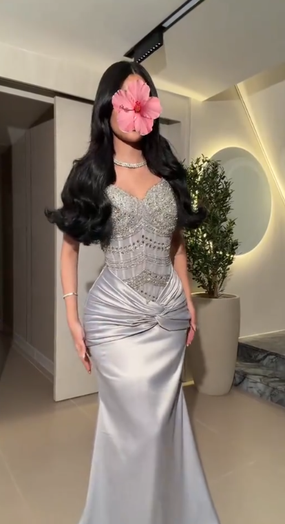 Chic Silver Prom Dress Spaghetti Straps Sheath Beaded Satin Long Evening Dress DP06048