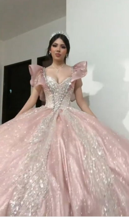 Gorgeous V-neck Ball Gown Tulle Quinceanera Dress Applique Pink Sweet 16 Dress DP06049