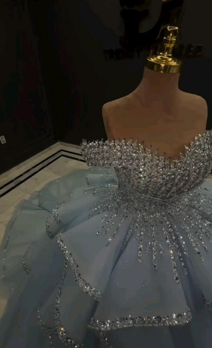 Gorgeous Off-shoulder Ball Gown Tulle Quinceanera Dress Blue Sweet 16 Dress DP06050