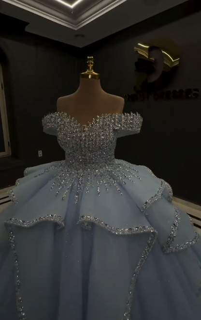 Gorgeous Off-shoulder Ball Gown Tulle Quinceanera Dress Blue Sweet 16 Dress DP06050