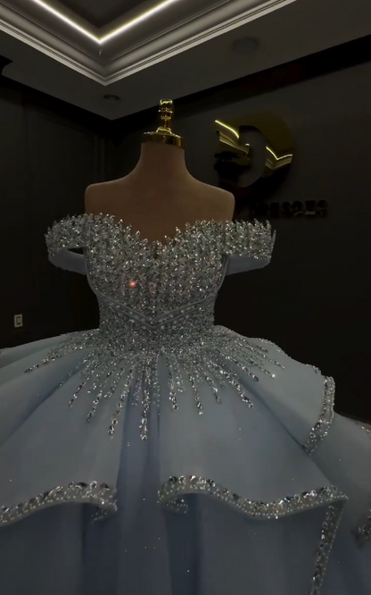 Gorgeous Off-shoulder Ball Gown Tulle Quinceanera Dress Blue Sweet 16 Dress DP06050