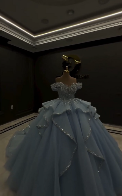Gorgeous Off-shoulder Ball Gown Tulle Quinceanera Dress Blue Sweet 16 Dress DP06050