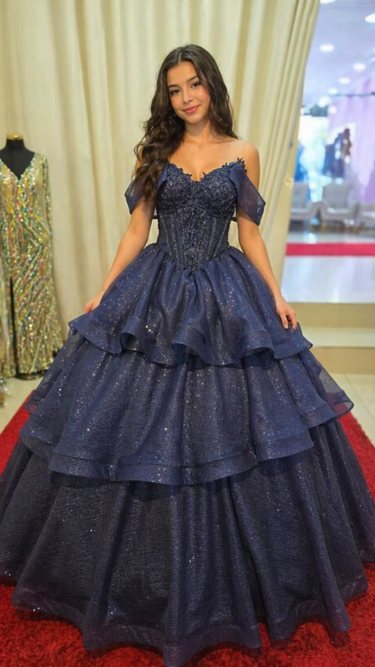 Gorgeous Off-shoulder Ball Gown Tulle Quinceanera Dress Navy Blue Sweet 16 Dress DP06051