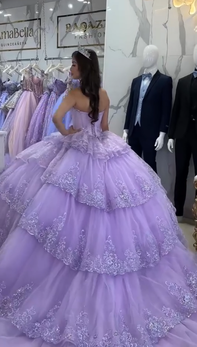 Gorgeous Off-shoulder Ball Gown Tulle Applique Quinceanera Dress Lavender Sweet 16 Dress DP06052