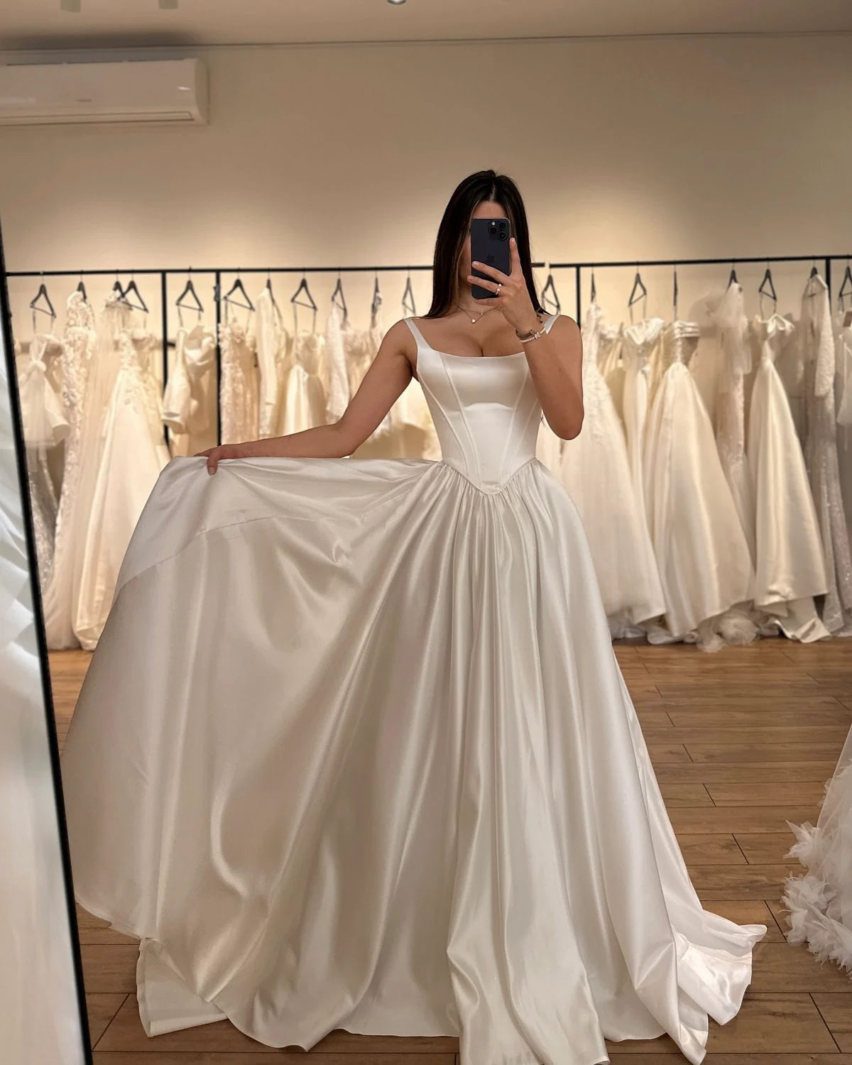Modest Straps White Wedding Dress Satin Bridal Dress A-Line Bridal Gown DP06054