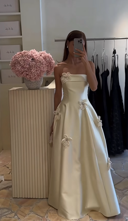 Modest Strapless White Wedding Dress Satin Bridal Dress A-Line Bridal Gown DP06055
