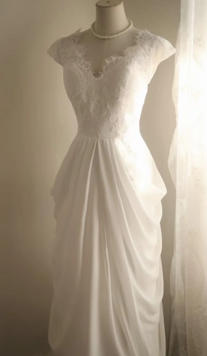 Modest V-neck White Wedding Dress Lace Satin Bridal Dress Sheath Bridal Gown DP06057