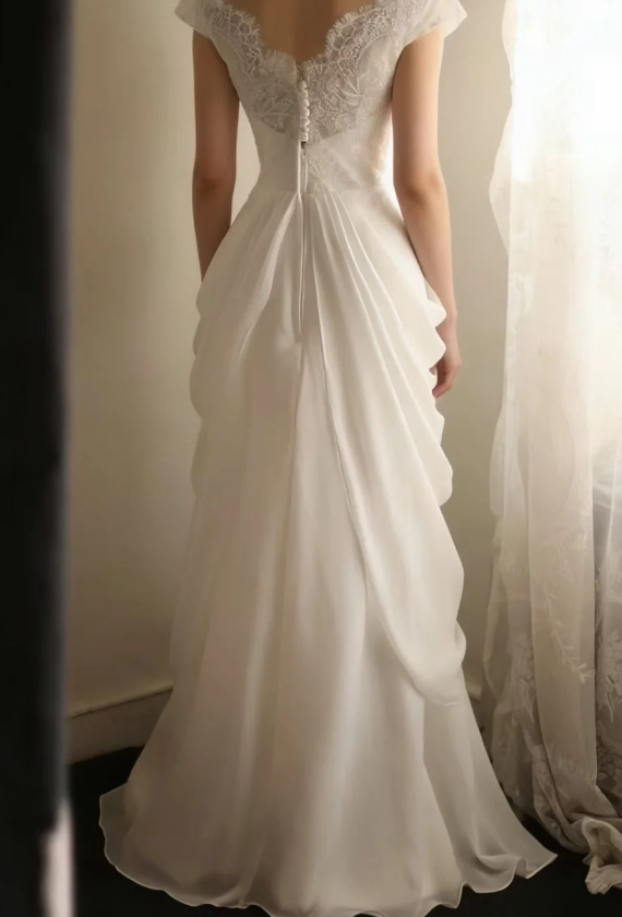Modest V-neck White Wedding Dress Lace Satin Bridal Dress Sheath Bridal Gown DP06057