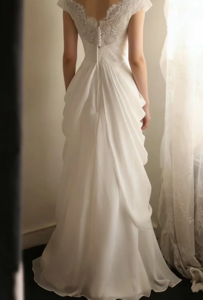Modest V-neck White Wedding Dress Lace Satin Bridal Dress Sheath Bridal Gown DP06057