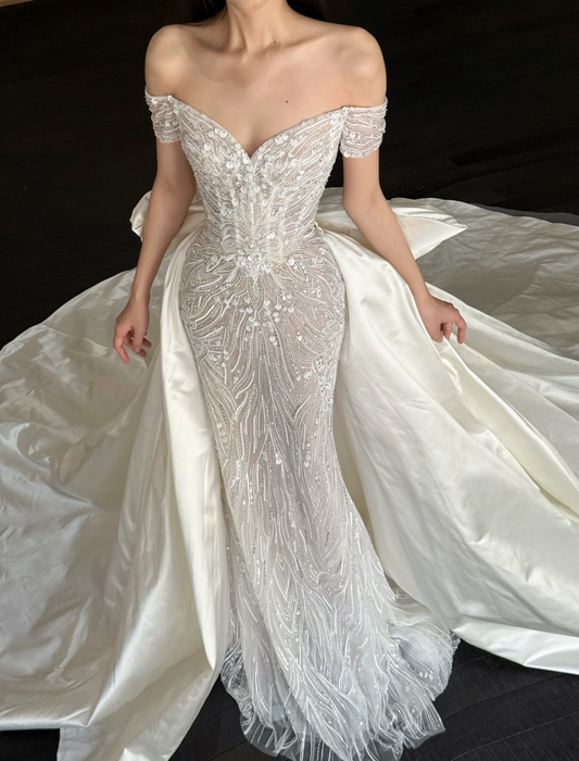 Modest Off-shoulder Wedding Dress Tulle Bridal Dress Mermaid Bridal Gown DP06060