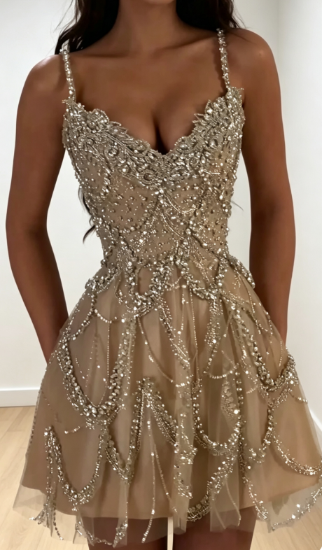 Chic Champagne Birthday Dress Straps Beaded Hoco Dress A-Line Tulle Graduation Party Dress DP06067