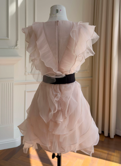 Chic Pink Birthday Dress V-neck Hoco Dress A-Line Chiffon Graduation Party Dress DP06071