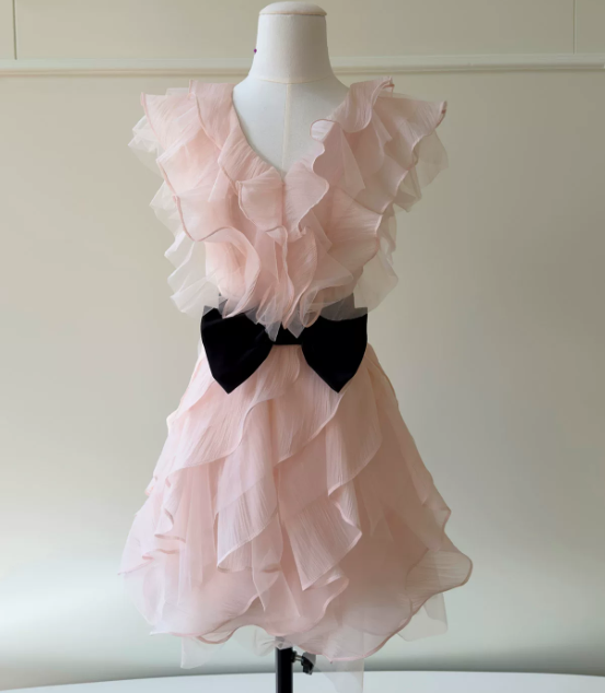 Chic Pink Birthday Dress V-neck Hoco Dress A-Line Chiffon Graduation Party Dress DP06071