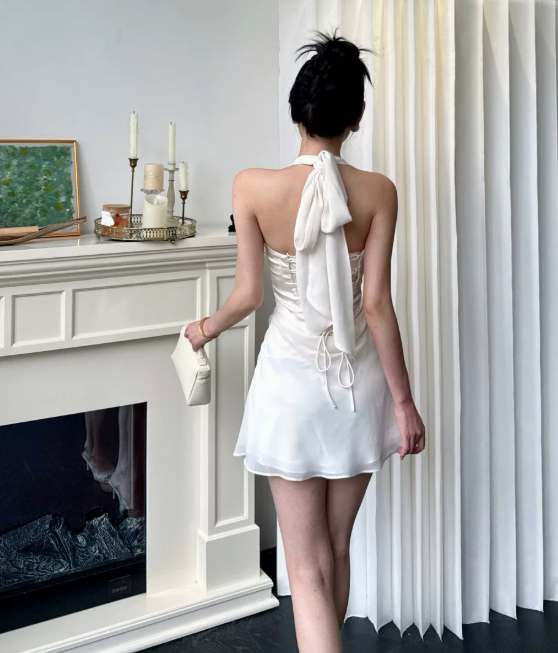 Chic White Birthday Dress Halter Hoco Dress Sheath Satin Graduation Party Dress DP06073