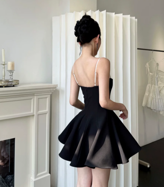 Chic Black Birthday Dress Spaghetti Straps Hoco Dress A-Line Chiffon Graduation Party Dress DP06074