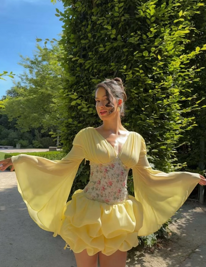 Chic Yellow Birthday Dress V-neck Hoco Dress A-Line Chiffon Graduation Party Dress DP06076