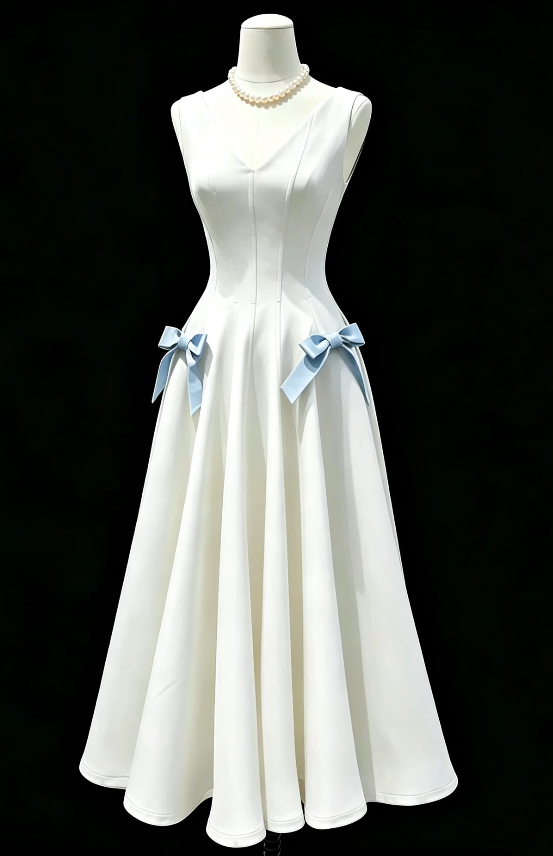 Chic White Birthday Dress V-neck Evening Dress A-Line Satin Graduation Prom Dress DP06077