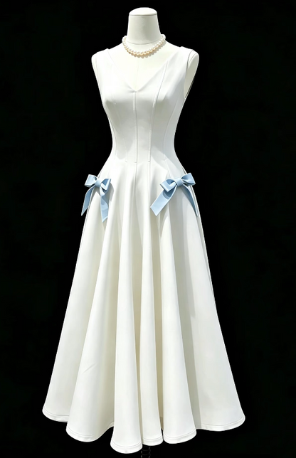 Chic White Birthday Dress V-neck Evening Dress A-Line Satin Graduation Prom Dress DP06077