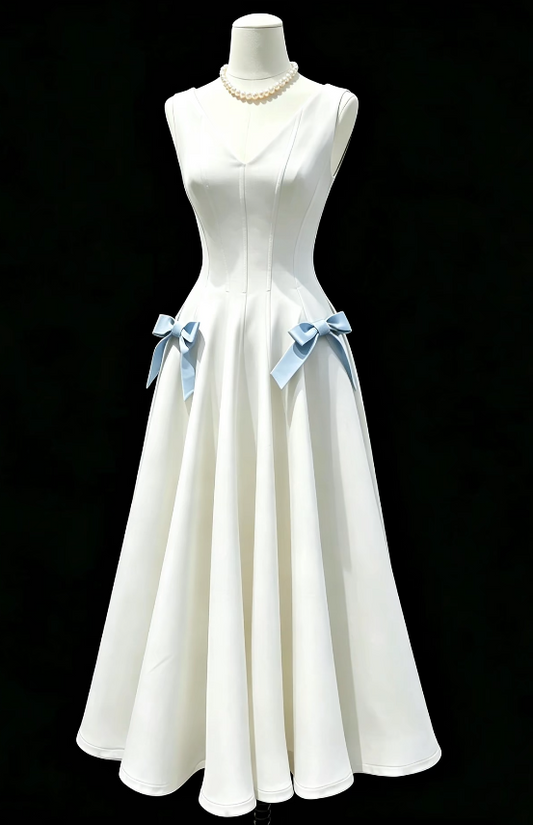 Chic White Birthday Dress V-neck Evening Dress A-Line Satin Graduation Prom Dress DP06077