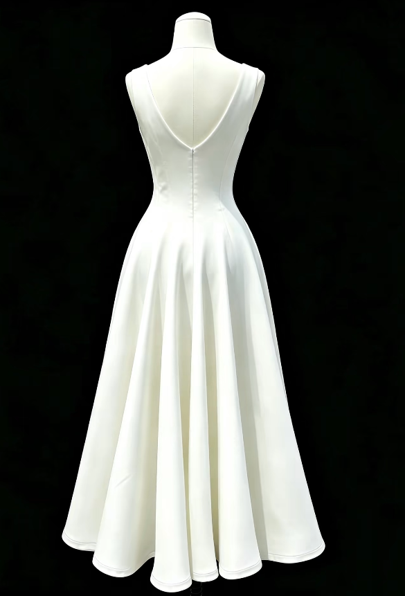 Chic White Birthday Dress V-neck Evening Dress A-Line Satin Graduation Prom Dress DP06077