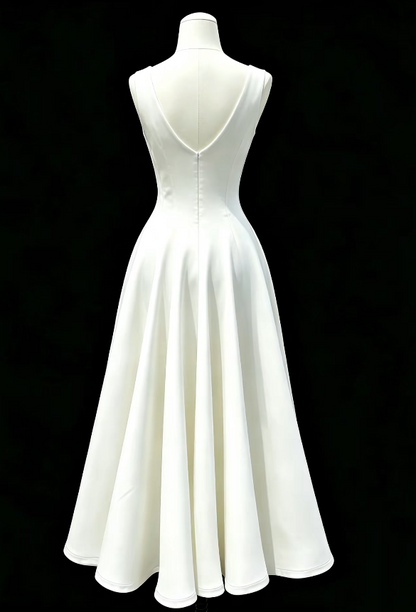 Chic White Birthday Dress V-neck Evening Dress A-Line Satin Graduation Prom Dress DP06077