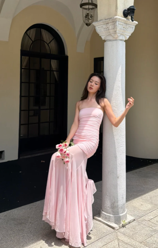 Chic Pink Birthday Dress Strapless Evening Dress Sheath Chiffon Graduation Prom Dress DP06078