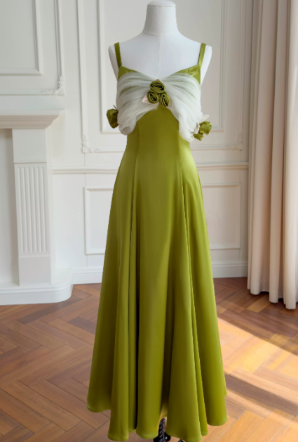 Chic Green Birthday Dress Straps Evening Dress Sheath Satin Graduation Prom Dress DP06079