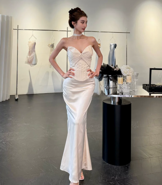 Chic White Long Evening Dress Sweetheart Sheath  Prom Dress Satin Formal Dress DP06081