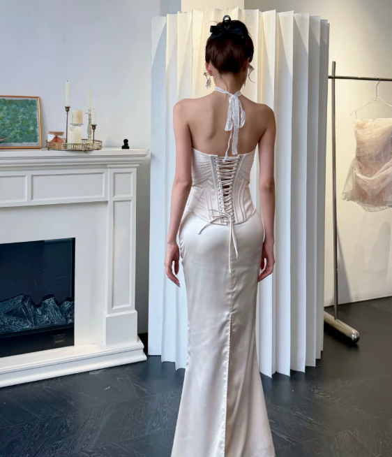 Chic White Long Evening Dress Sweetheart Sheath  Prom Dress Satin Formal Dress DP06081