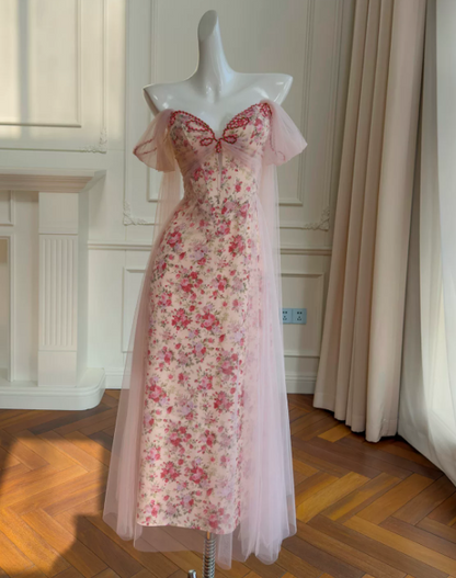 Chic Off-shoulder Sheath Long Evening Dress Floral Satin Pink Prom Dress DP06083