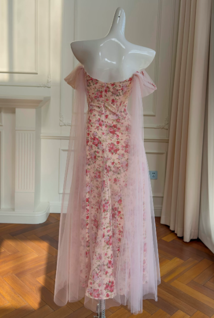 Chic Off-shoulder Sheath Long Evening Dress Floral Satin Pink Prom Dress DP06083