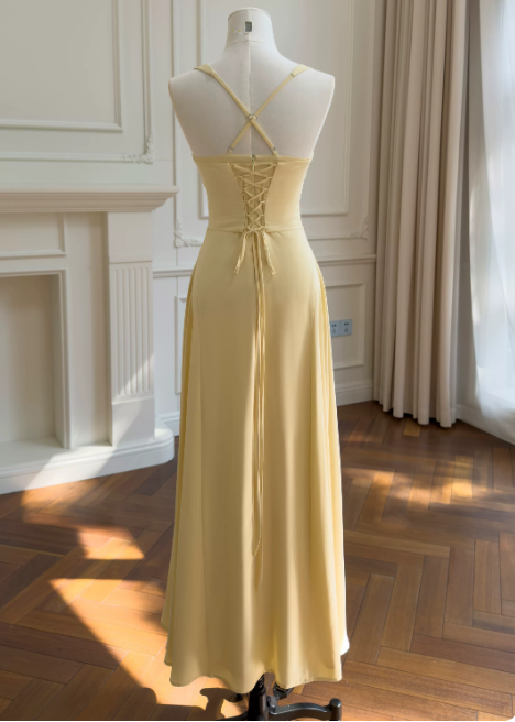 Chic Straps Sheath Long Evening Dress Chiffon Pastel Yellow Prom Dress DP06084