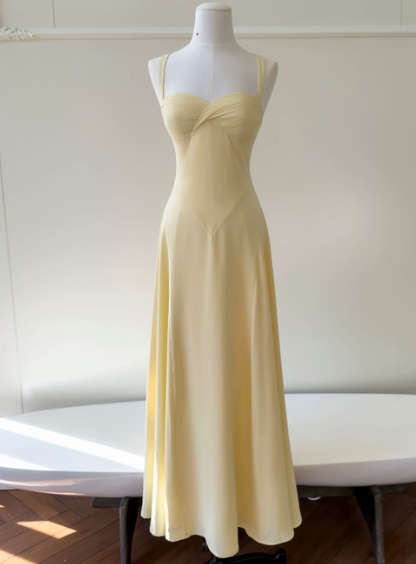 Chic Straps Sheath Long Evening Dress Chiffon Pastel Yellow Prom Dress DP06084