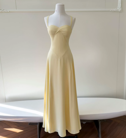 Chic Straps Sheath Long Evening Dress Chiffon Pastel Yellow Prom Dress DP06084